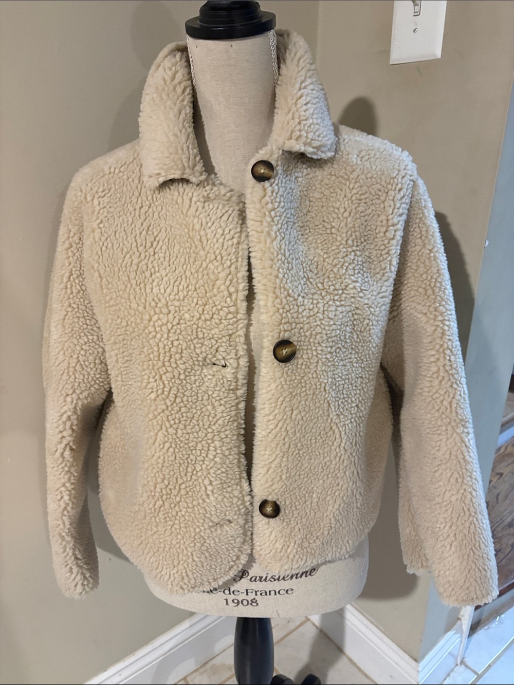 Zara Girls Cream Teddy Sherpa Jacket Floral Lined Button Coat